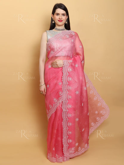 Pure Organza Silk Saree with Pearl Style Scalloped Edging Embroidery Work - Pink