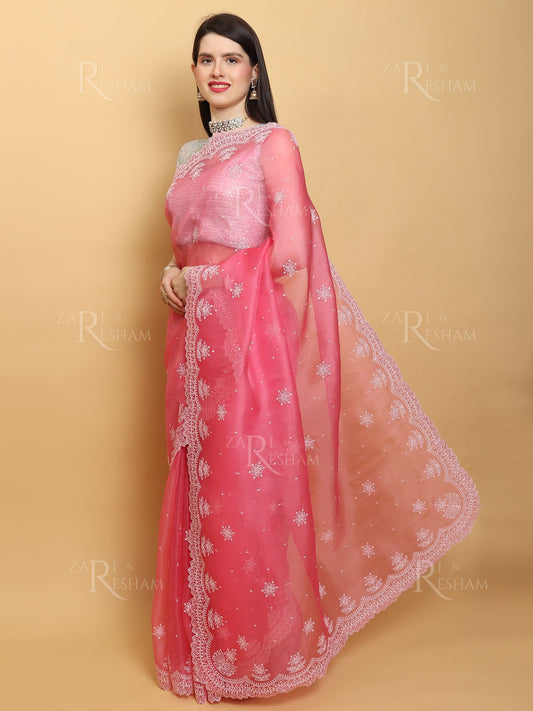 Pure Organza Silk Saree with Pearl Style Scalloped Edging Embroidery Work - Pink