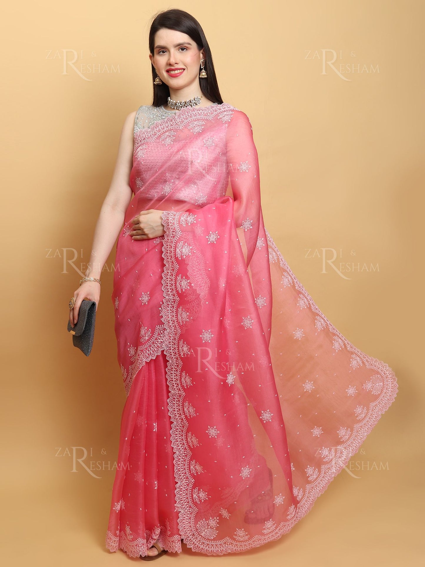 Pure Organza Silk Saree with Pearl Style Scalloped Edging Embroidery Work - Pink