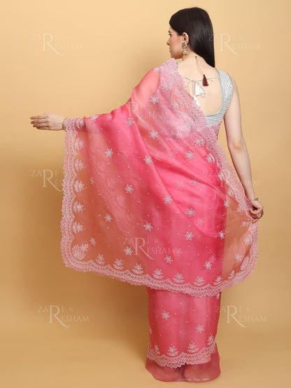 Pure Organza Silk Saree with Pearl Style Scalloped Edging Embroidery Work - Pink