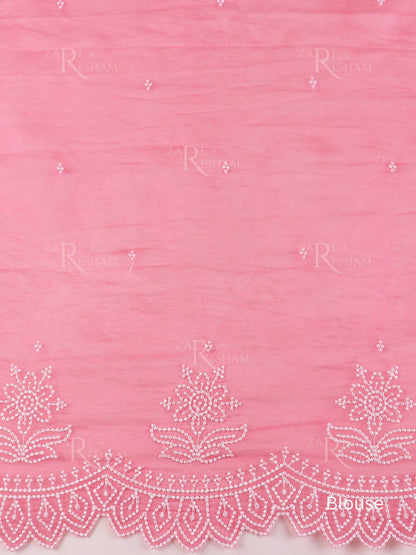 Pure Organza Silk Saree with Pearl Style Scalloped Edging Embroidery Work - Pink