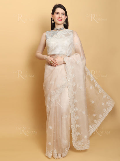 Pure Organza Silk Saree with Pearl Style Scalloped Edging Embroidery Work - Off White