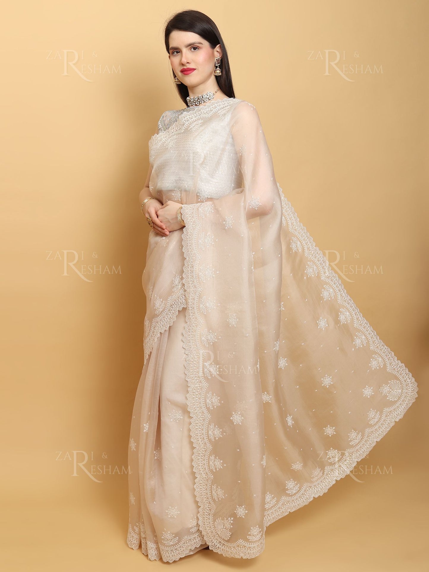 Pure Organza Silk Saree with Pearl Style Scalloped Edging Embroidery Work - Off White