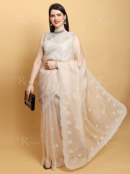 Pure Organza Silk Saree with Pearl Style Scalloped Edging Embroidery Work - Off White