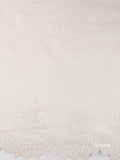 Pure Organza Silk Saree with Pearl Style Scalloped Edging Embroidery Work - Off White