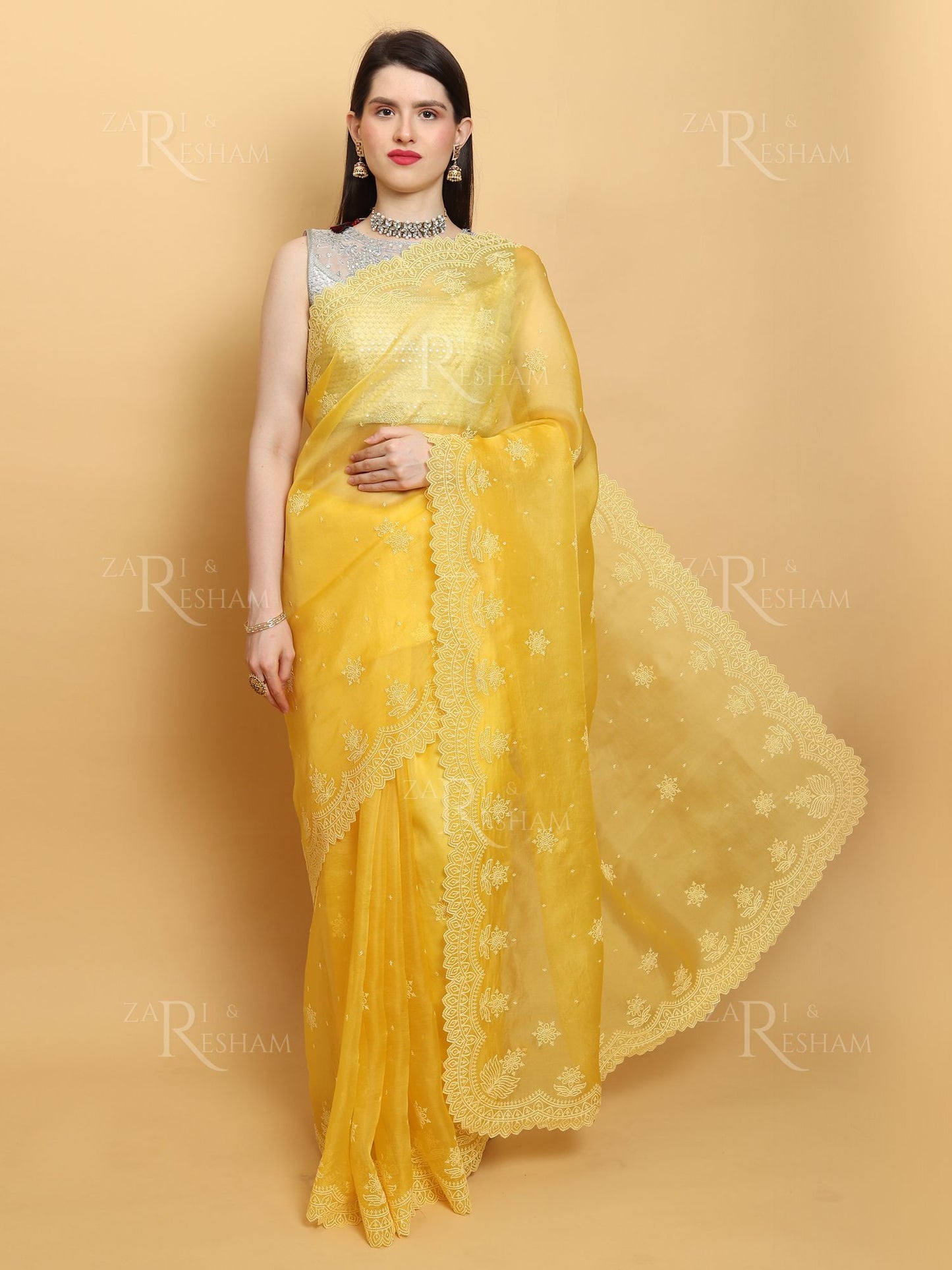 Pure Organza Silk Saree with Pearl Style Scalloped Edging Embroidery Work - Yellow