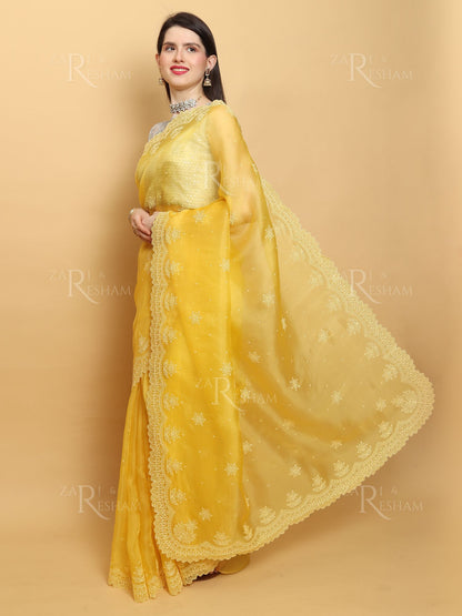 Pure Organza Silk Saree with Pearl Style Scalloped Edging Embroidery Work - Yellow