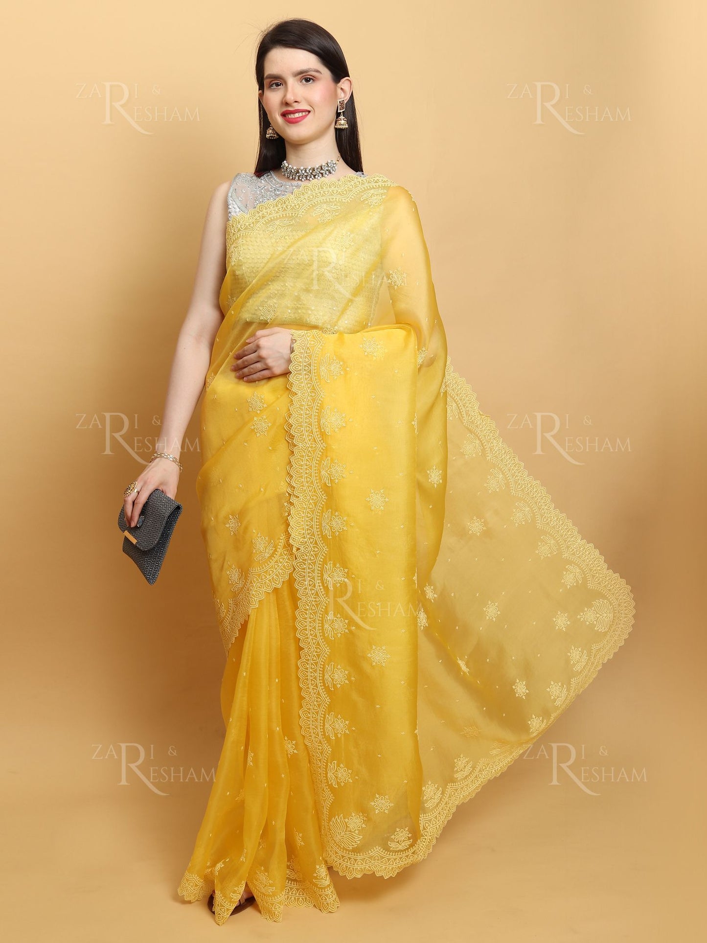 Pure Organza Silk Saree with Pearl Style Scalloped Edging Embroidery Work - Yellow