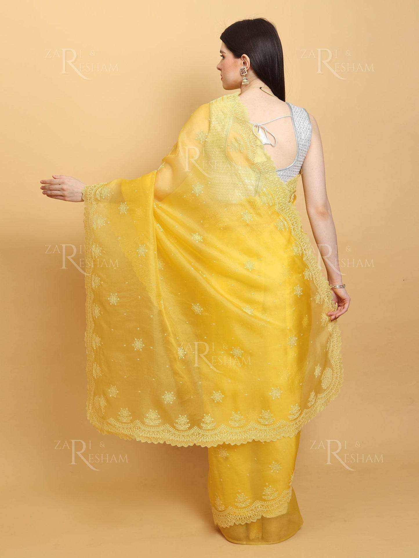 Pure Organza Silk Saree with Pearl Style Scalloped Edging Embroidery Work - Yellow