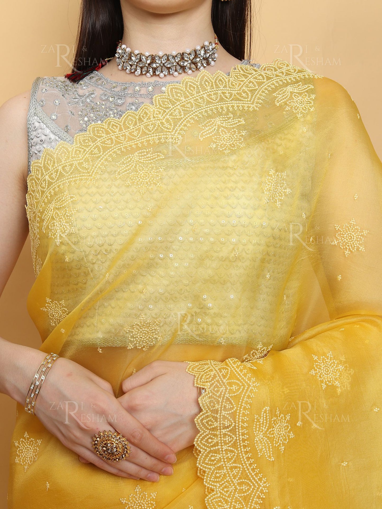 Pure Organza Silk Saree with Pearl Style Scalloped Edging Embroidery Work - Yellow