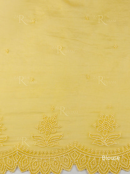 Pure Organza Silk Saree with Pearl Style Scalloped Edging Embroidery Work - Yellow