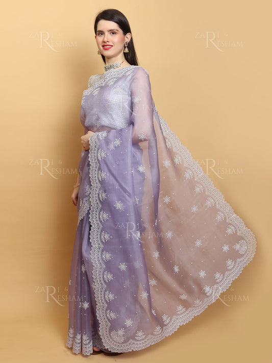 Pure Organza Silk Saree with Pearl Style Scalloped Edging Embroidery Work - Lavender