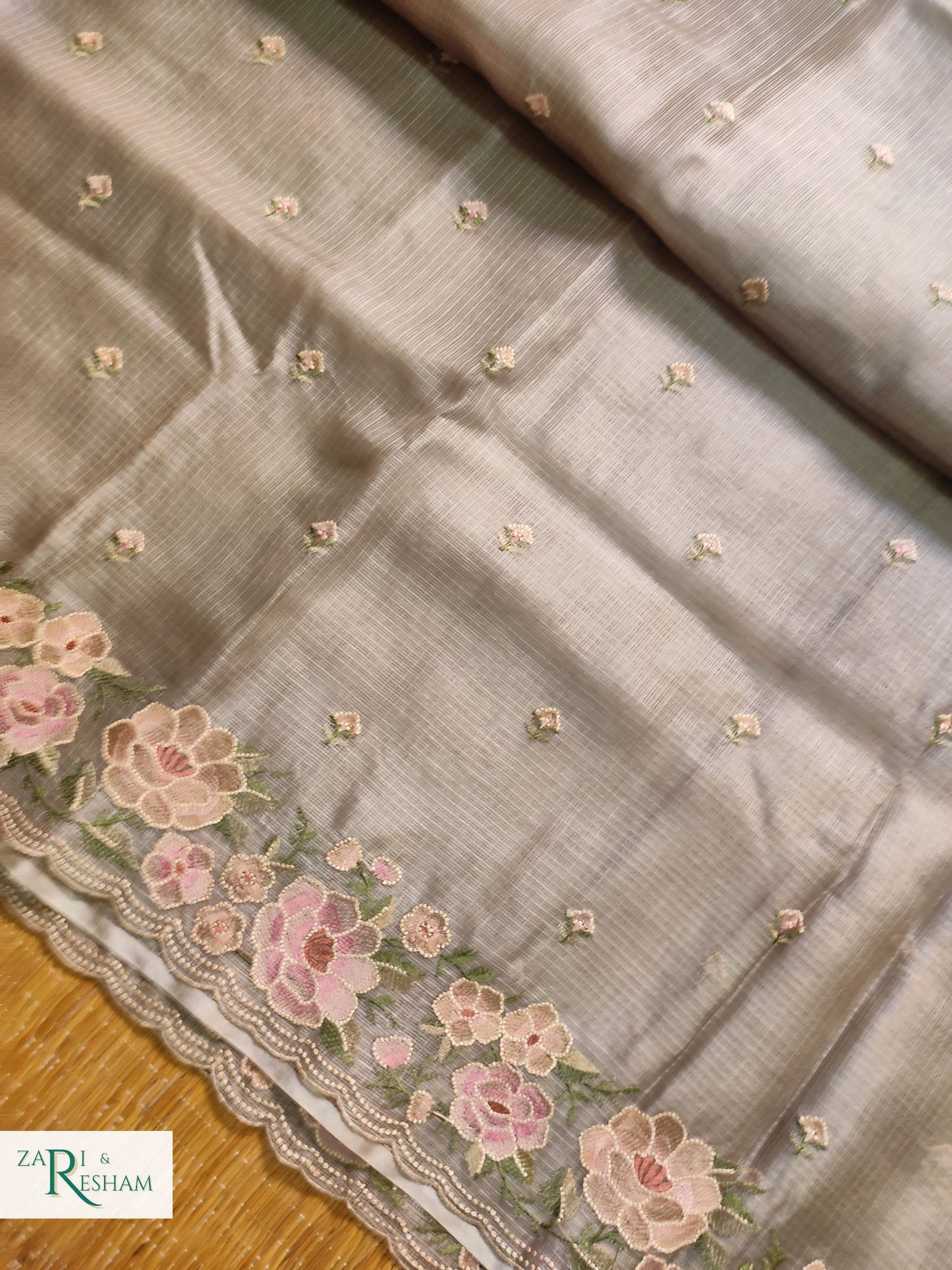 Pure Tusser Kota Silk Saree with Floral Scalloped Embroidery Work - Mouse Grey