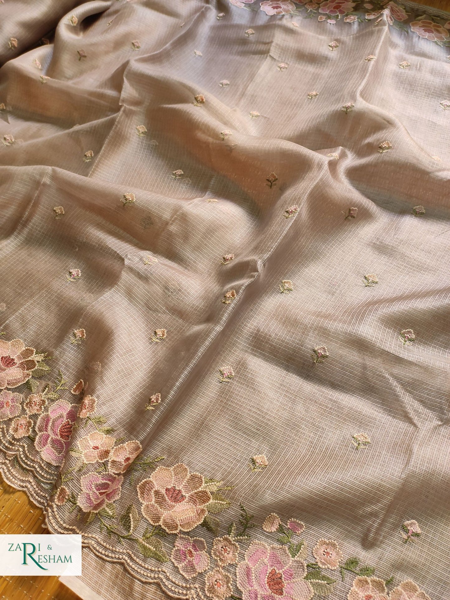 Pure Tusser Kota Silk Saree with Floral Scalloped Embroidery Work - Mouse Grey