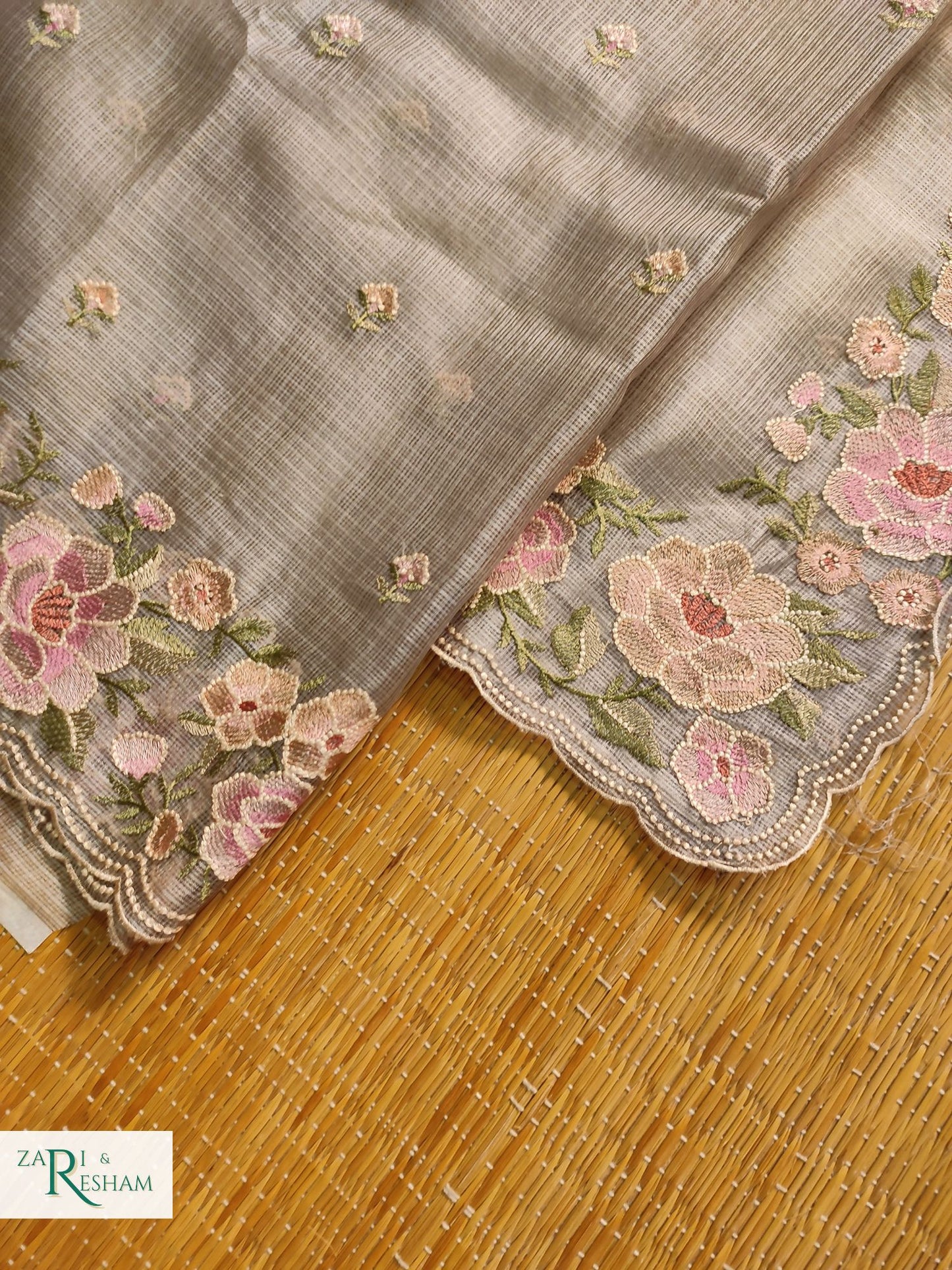 Pure Tusser Kota Silk Saree with Floral Scalloped Embroidery Work - Mouse Grey