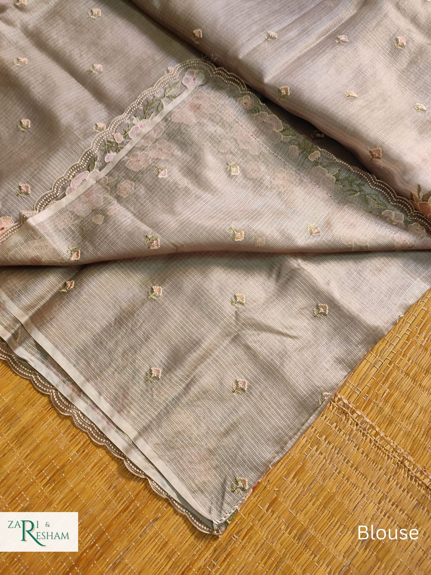 Pure Tusser Kota Silk Saree with Floral Scalloped Embroidery Work - Mouse Grey