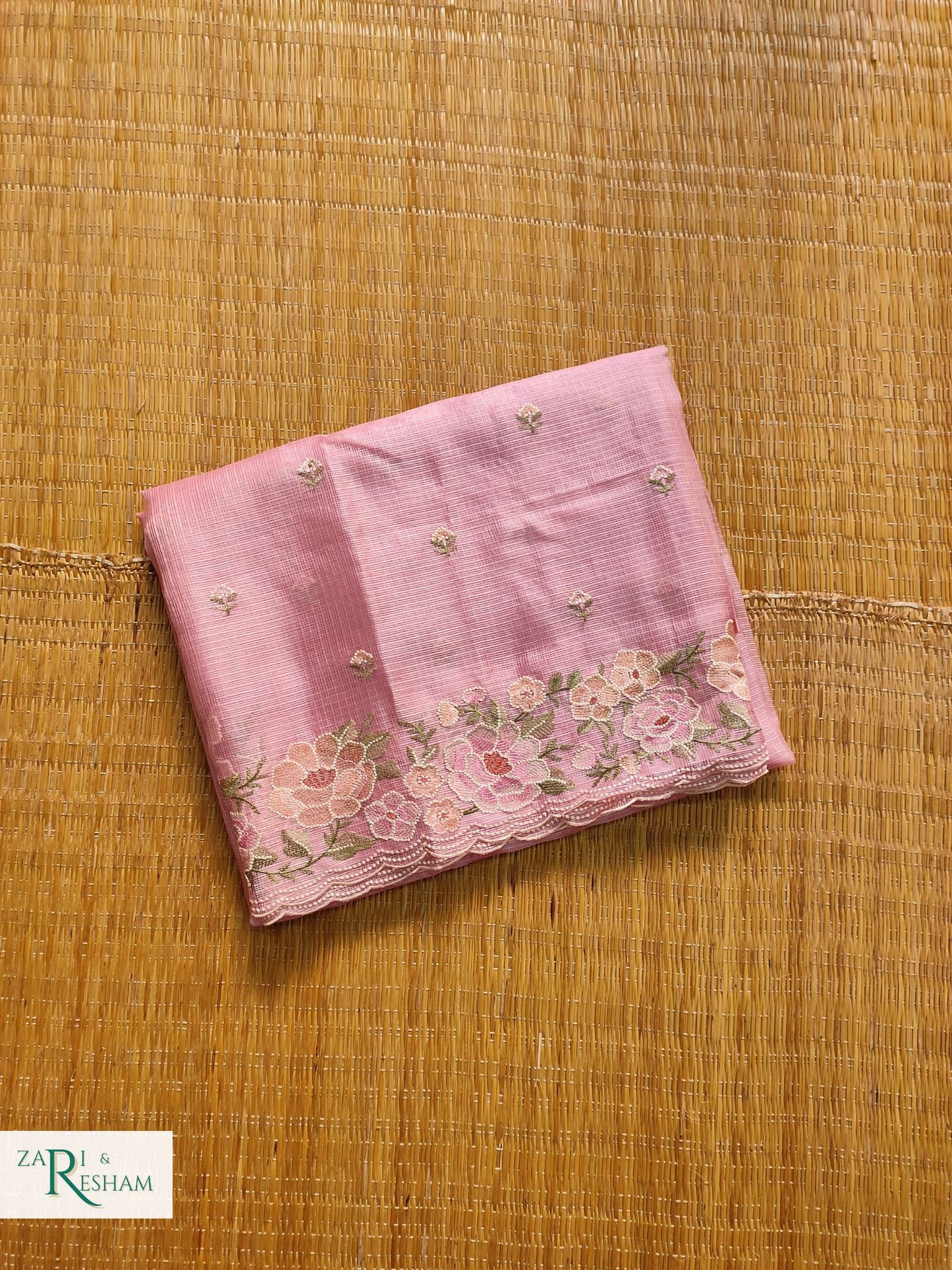 Pure Tusser Kota Silk Saree with Floral Scalloped Embroidery Work - Dusty Pink