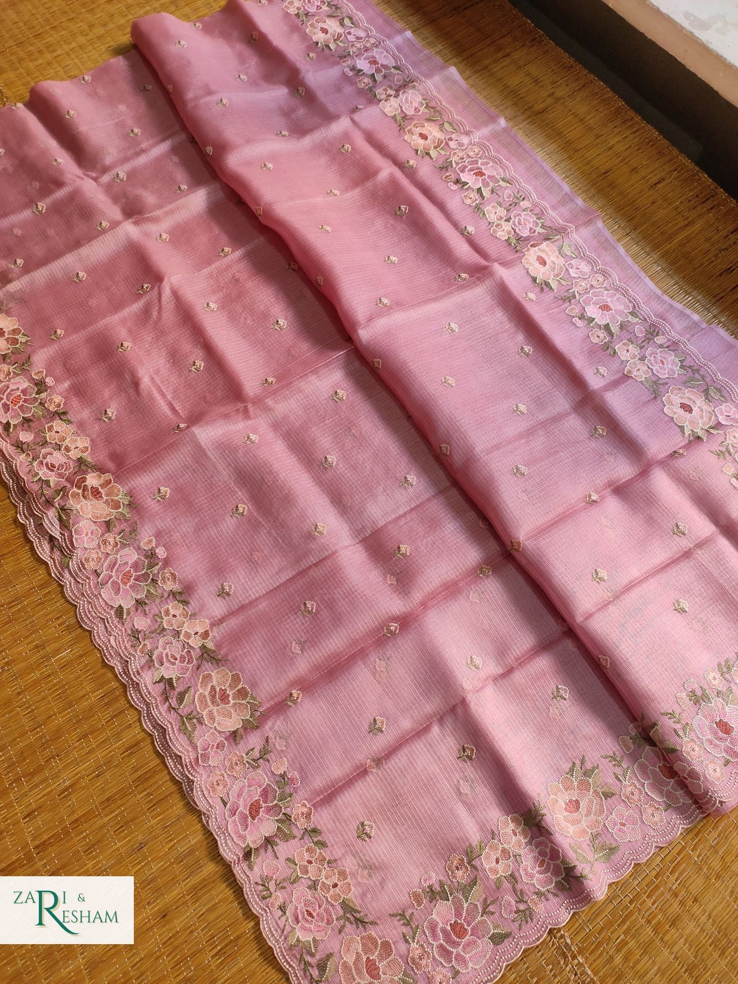 Pure Tusser Kota Silk Saree with Floral Scalloped Embroidery Work - Dusty Pink