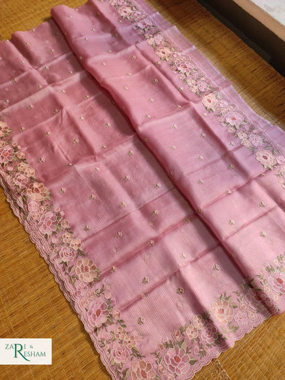 Pure Tusser Kota Silk Saree with Floral Scalloped Embroidery Work - Dusty Pink