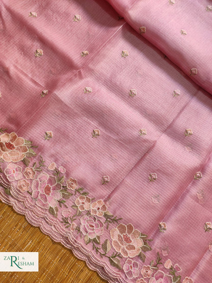 Pure Tusser Kota Silk Saree with Floral Scalloped Embroidery Work - Dusty Pink