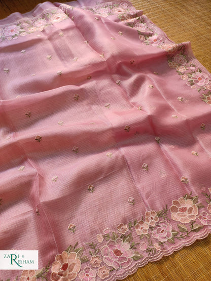 Pure Tusser Kota Silk Saree with Floral Scalloped Embroidery Work - Dusty Pink