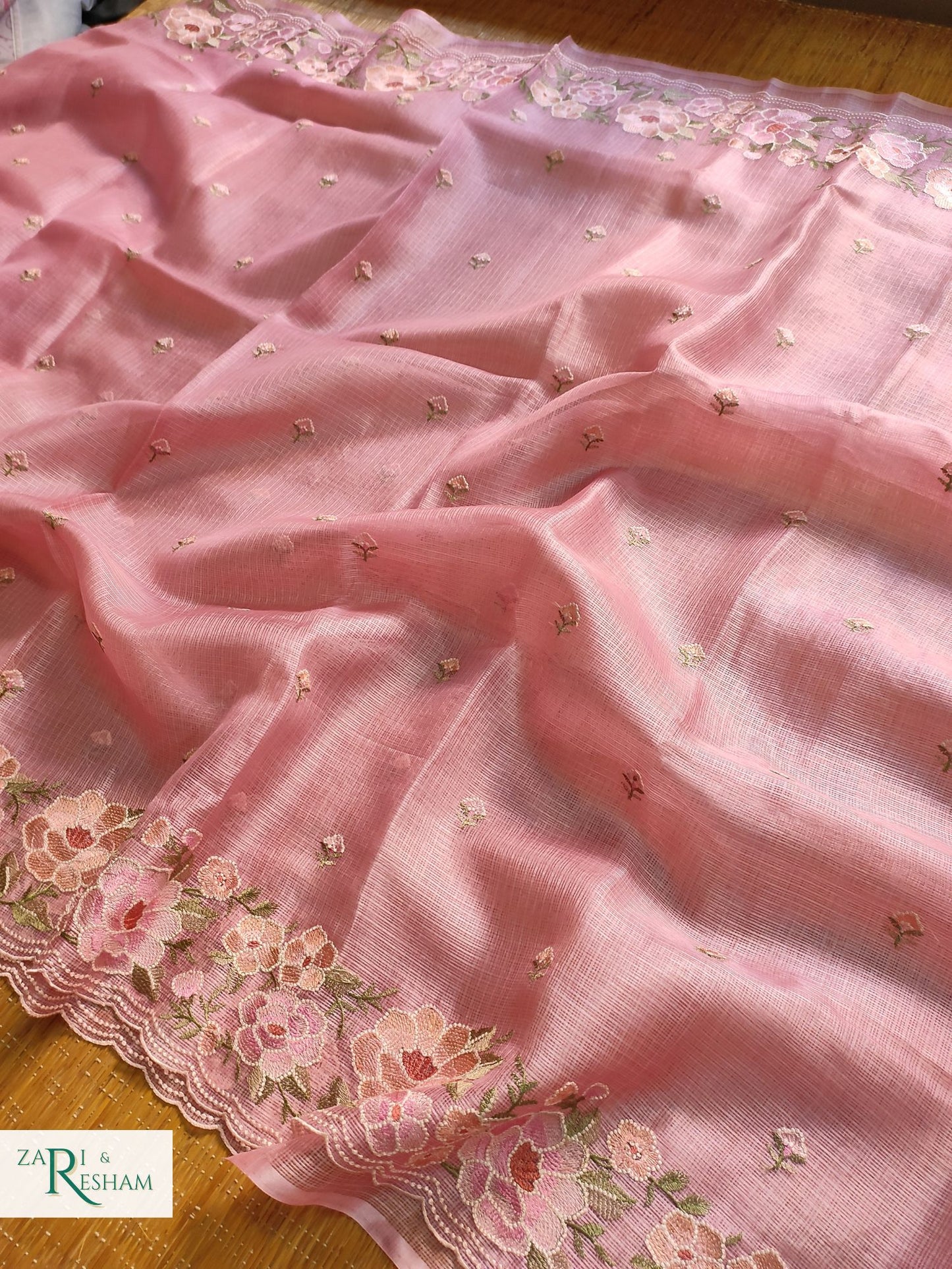 Pure Tusser Kota Silk Saree with Floral Scalloped Embroidery Work - Dusty Pink