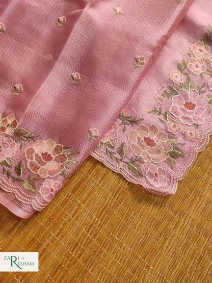 Pure Tusser Kota Silk Saree with Floral Scalloped Embroidery Work - Dusty Pink