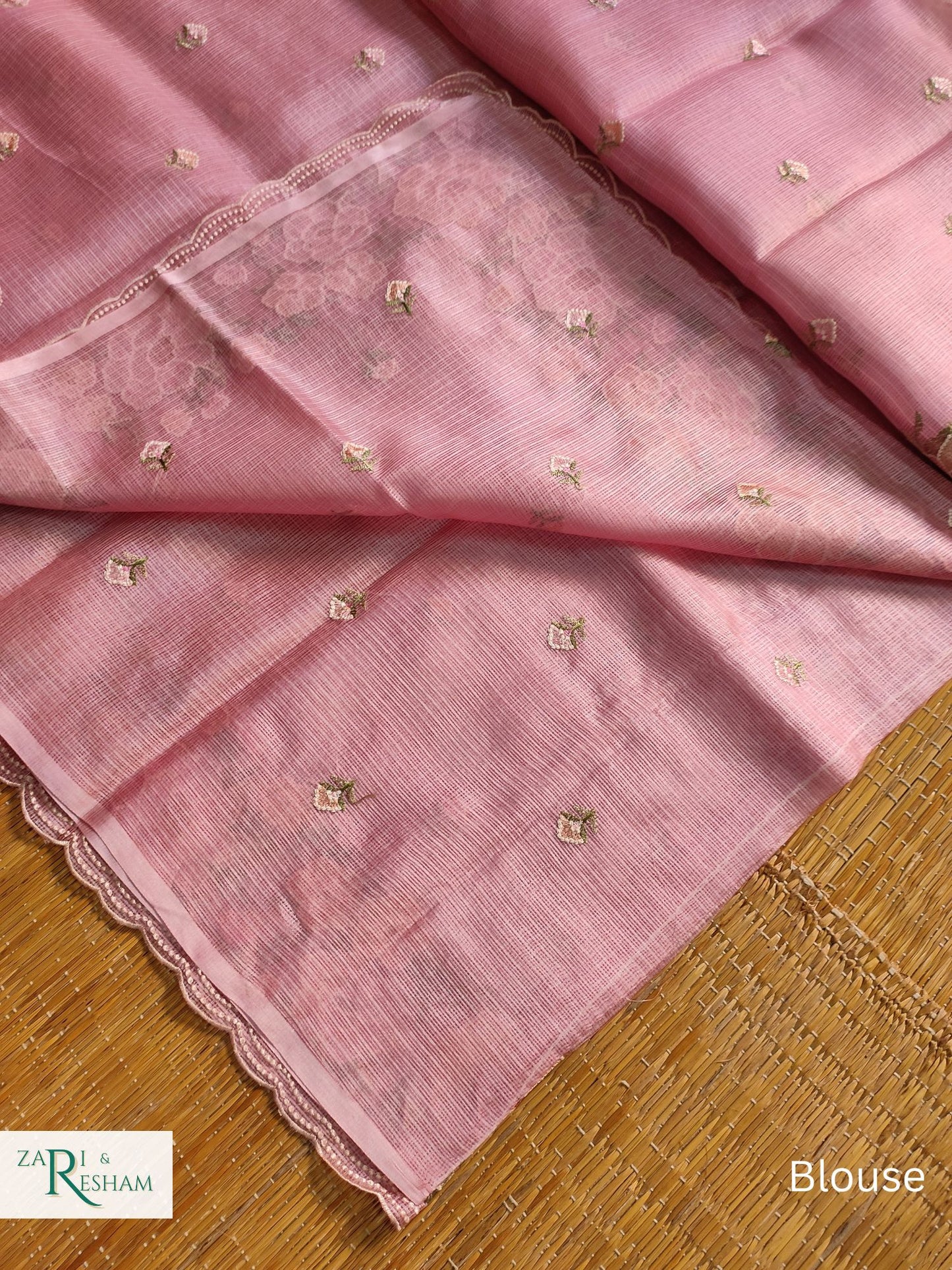 Pure Tusser Kota Silk Saree with Floral Scalloped Embroidery Work - Dusty Pink