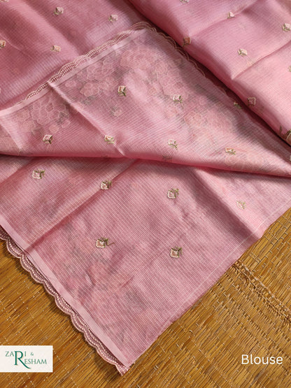 Pure Tusser Kota Silk Saree with Floral Scalloped Embroidery Work - Dusty Pink