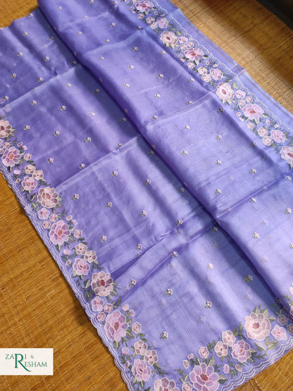 Pure Tusser Kota Silk Saree with Floral Scalloped Embroidery Work - Mouve