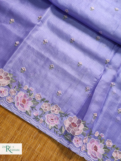 Pure Tusser Kota Silk Saree with Floral Scalloped Embroidery Work - Mouve