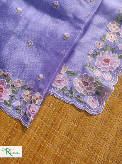 Pure Tusser Kota Silk Saree with Floral Scalloped Embroidery Work - Mouve