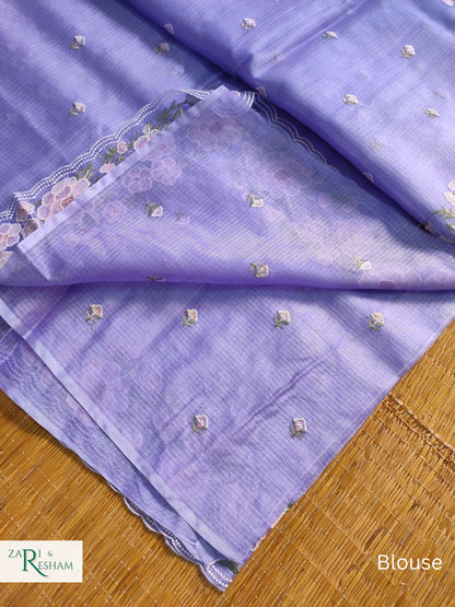 Pure Tusser Kota Silk Saree with Floral Scalloped Embroidery Work - Mouve