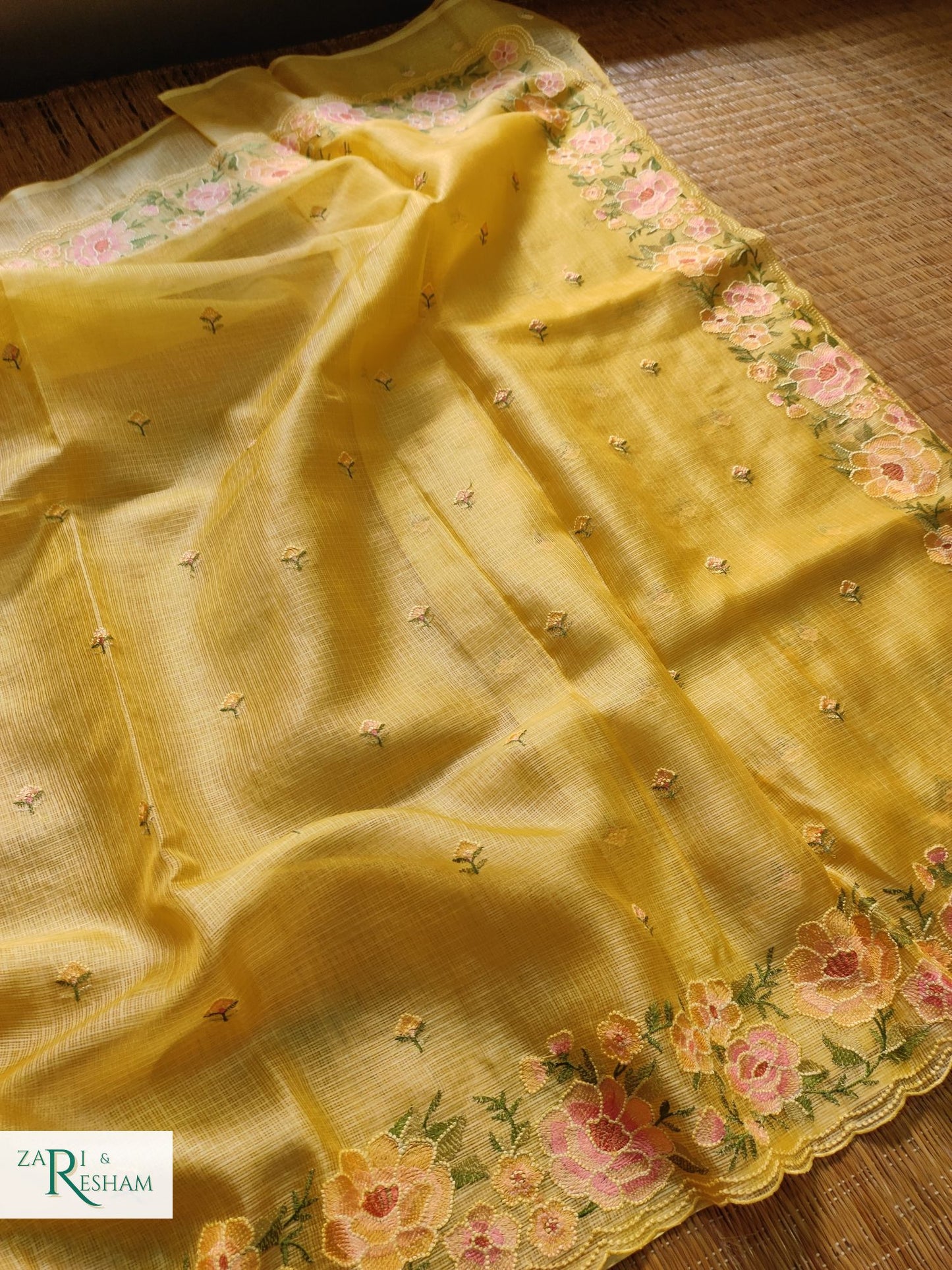 Pure Tusser Kota Silk Saree with Floral Scalloped Embroidery Work - Yellow