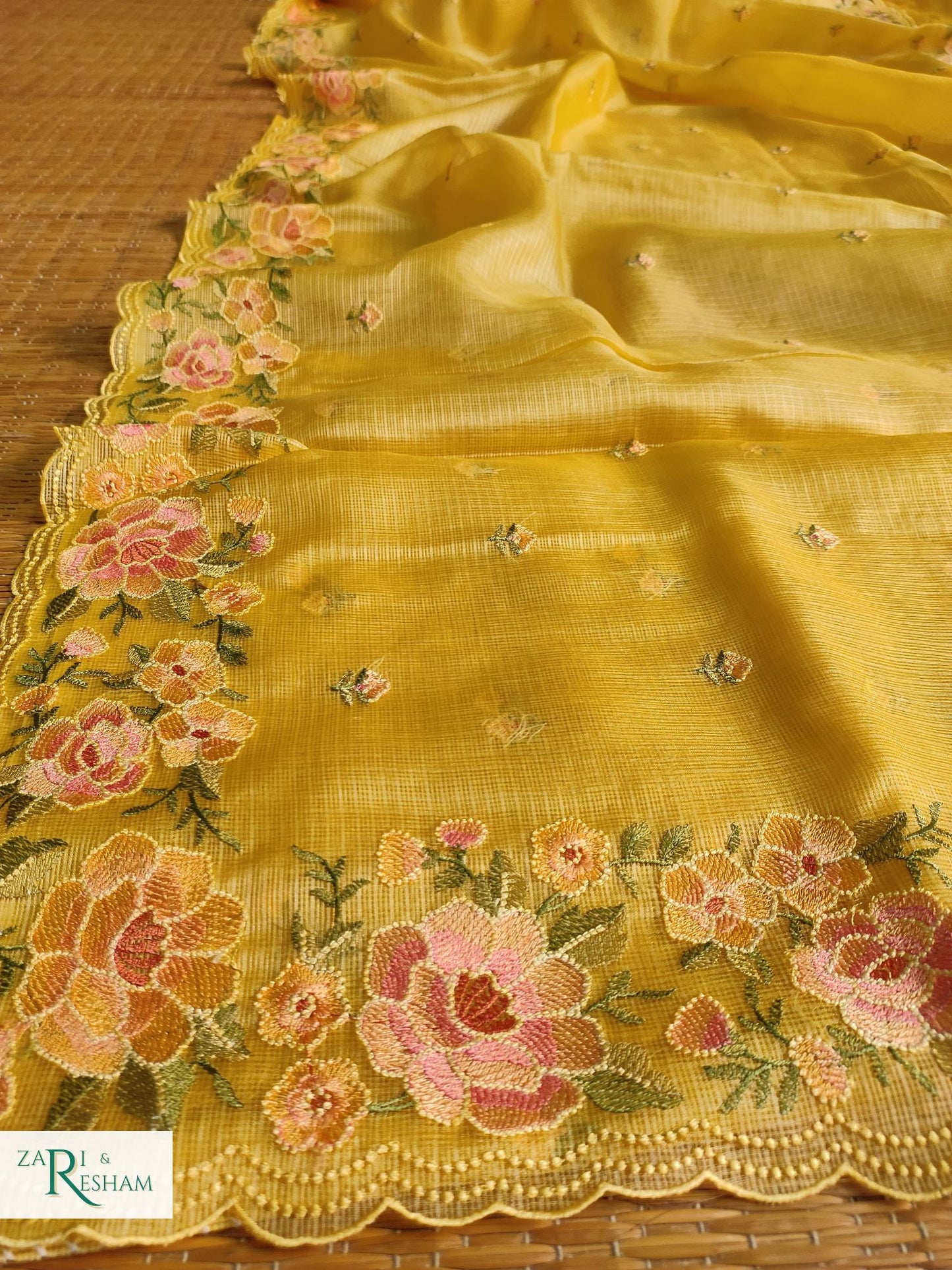 Pure Tusser Kota Silk Saree with Floral Scalloped Embroidery Work - Yellow