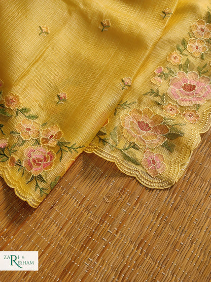 Pure Tusser Kota Silk Saree with Floral Scalloped Embroidery Work - Yellow