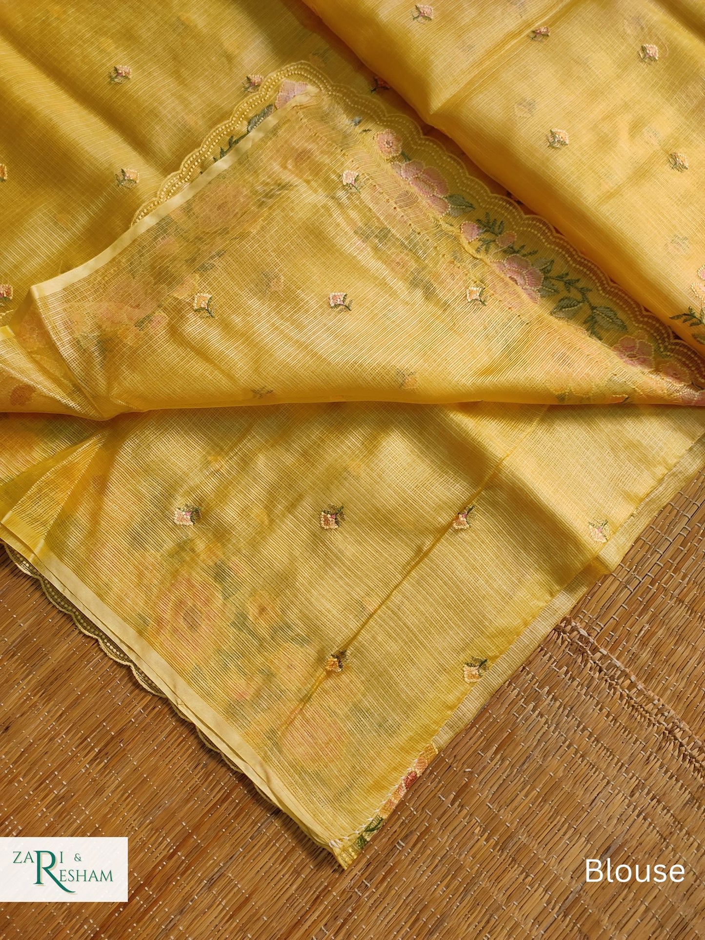 Pure Tusser Kota Silk Saree with Floral Scalloped Embroidery Work - Yellow