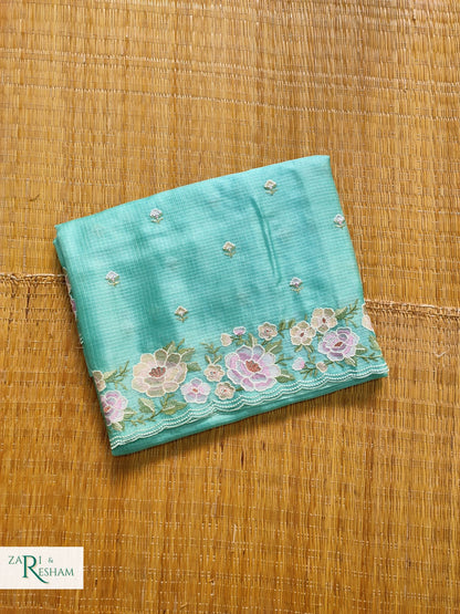 Pure Tusser Kota Silk Saree with Floral Scalloped Embroidery Work - Sea Green