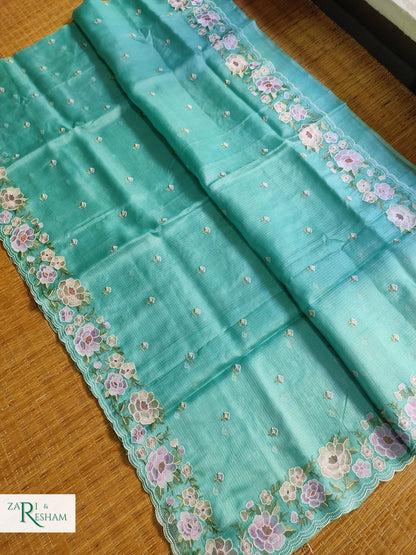 Pure Tusser Kota Silk Saree with Floral Scalloped Embroidery Work - Sea Green