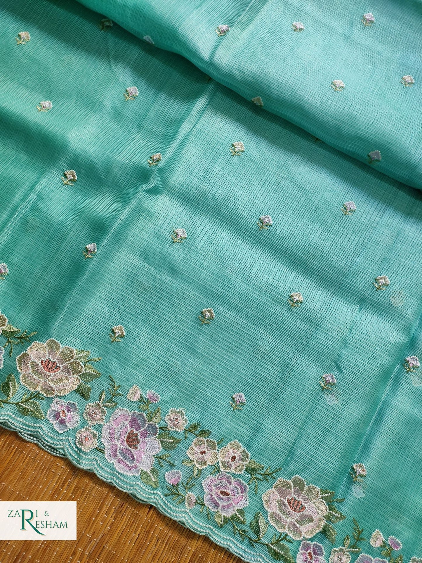 Pure Tusser Kota Silk Saree with Floral Scalloped Embroidery Work - Sea Green