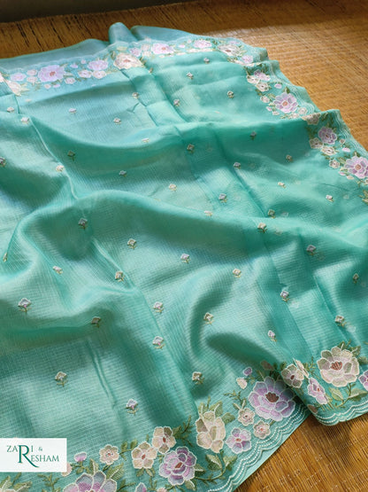 Pure Tusser Kota Silk Saree with Floral Scalloped Embroidery Work - Sea Green