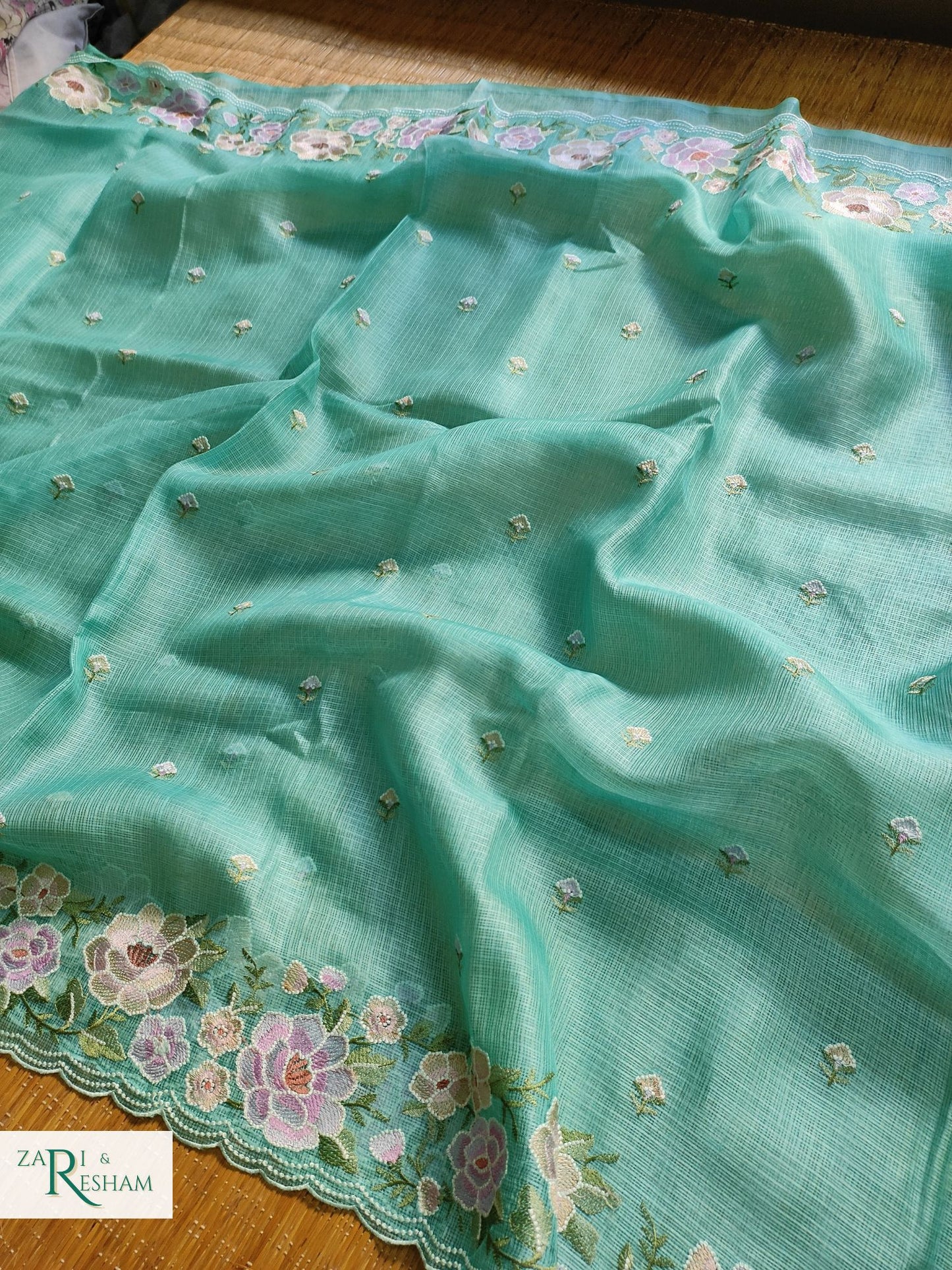 Pure Tusser Kota Silk Saree with Floral Scalloped Embroidery Work - Sea Green