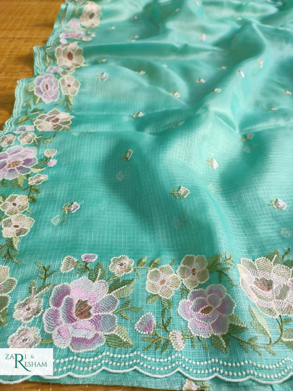 Pure Tusser Kota Silk Saree with Floral Scalloped Embroidery Work - Sea Green