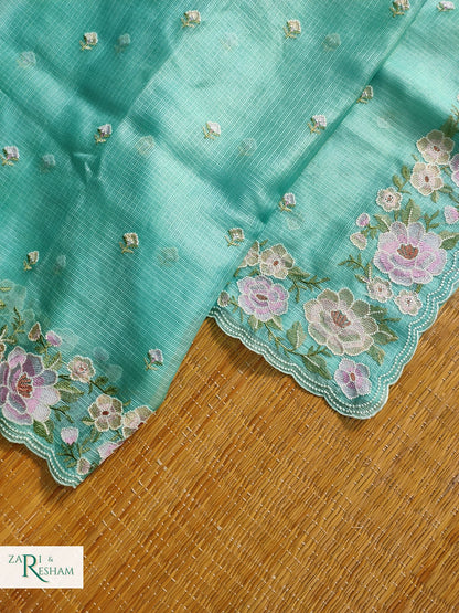 Pure Tusser Kota Silk Saree with Floral Scalloped Embroidery Work - Sea Green