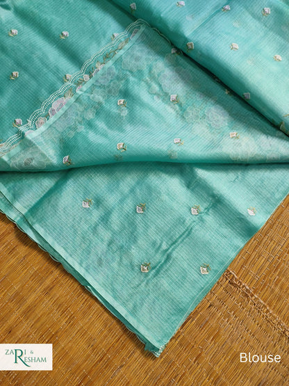 Pure Tusser Kota Silk Saree with Floral Scalloped Embroidery Work - Sea Green