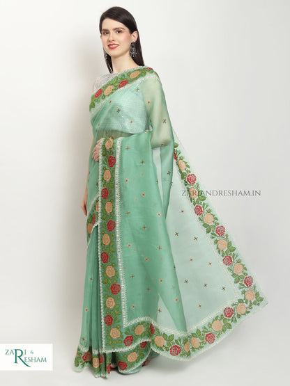 Pure Organza Silk Saree with CrossStitch Border Embroidery Work - Sea Green