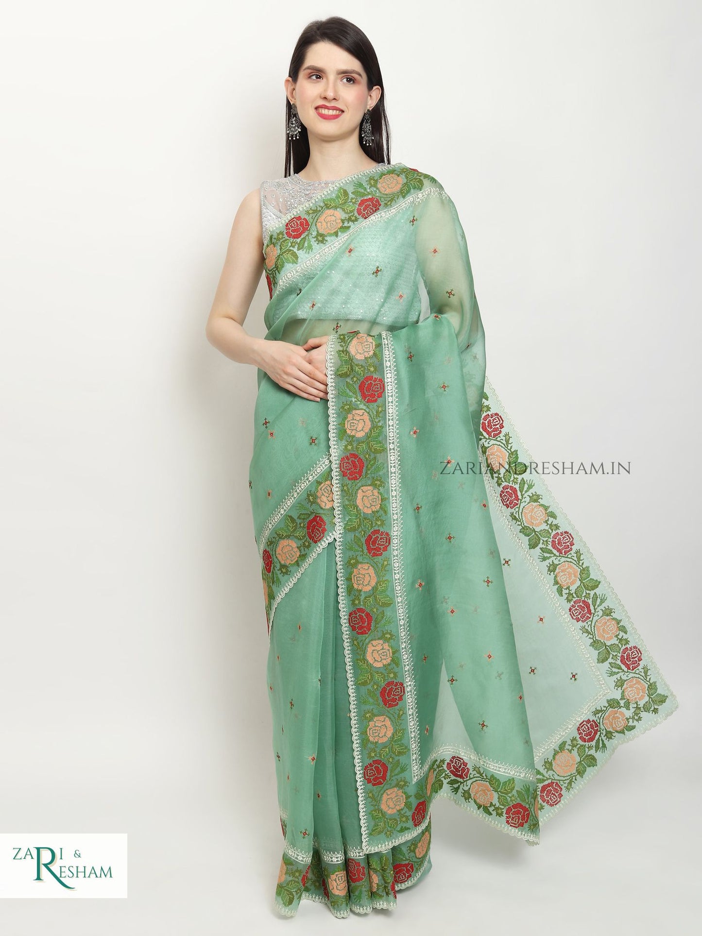 Pure Organza Silk Saree with CrossStitch Border Embroidery Work - Sea Green