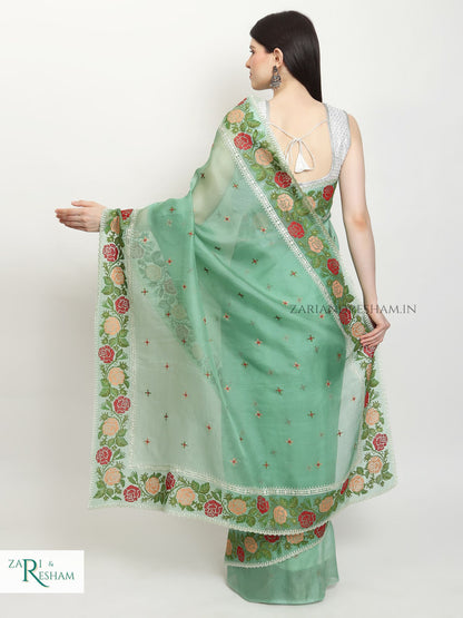 Pure Organza Silk Saree with CrossStitch Border Embroidery Work - Sea Green