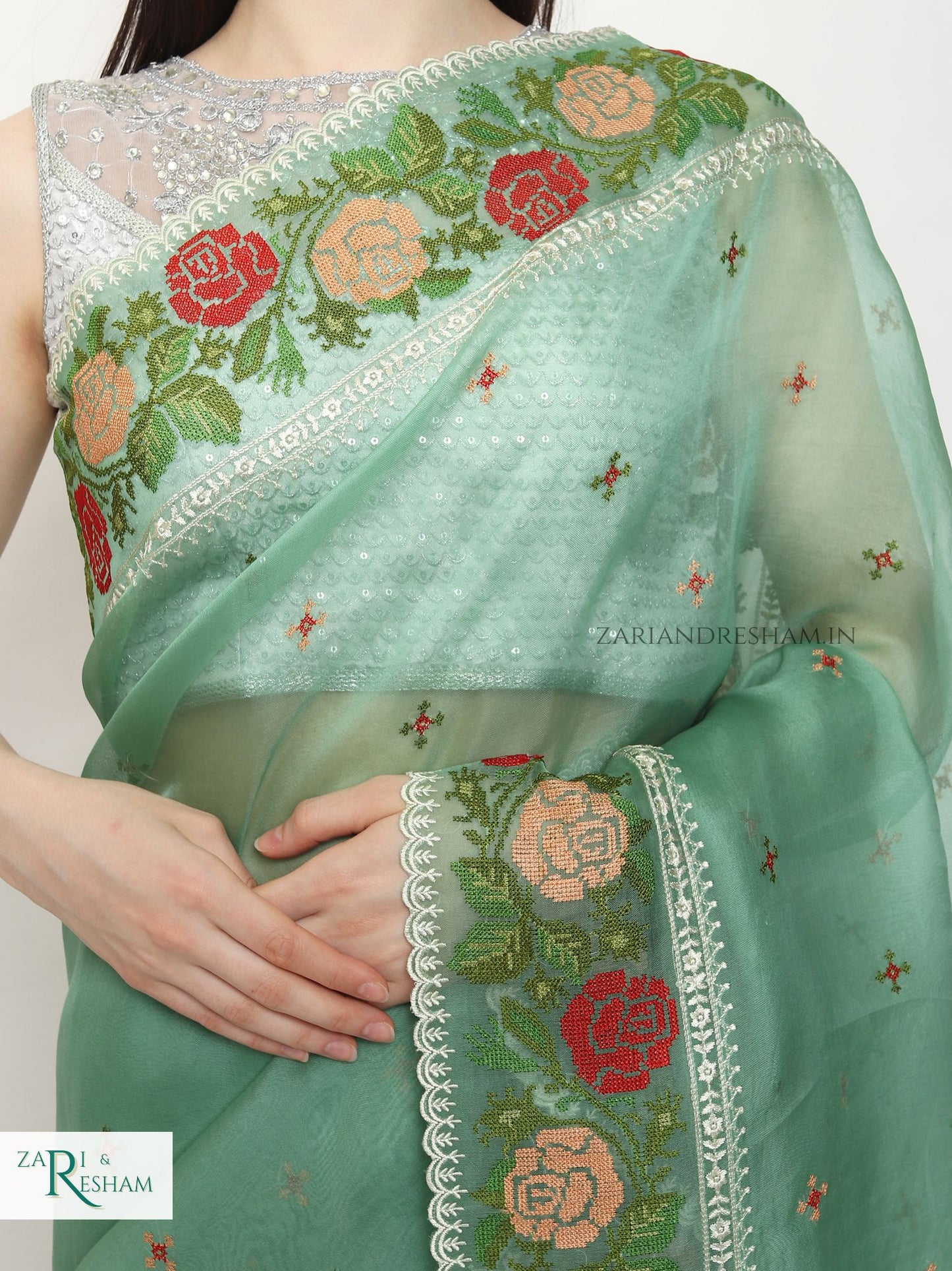 Pure Organza Silk Saree with CrossStitch Border Embroidery Work - Sea Green