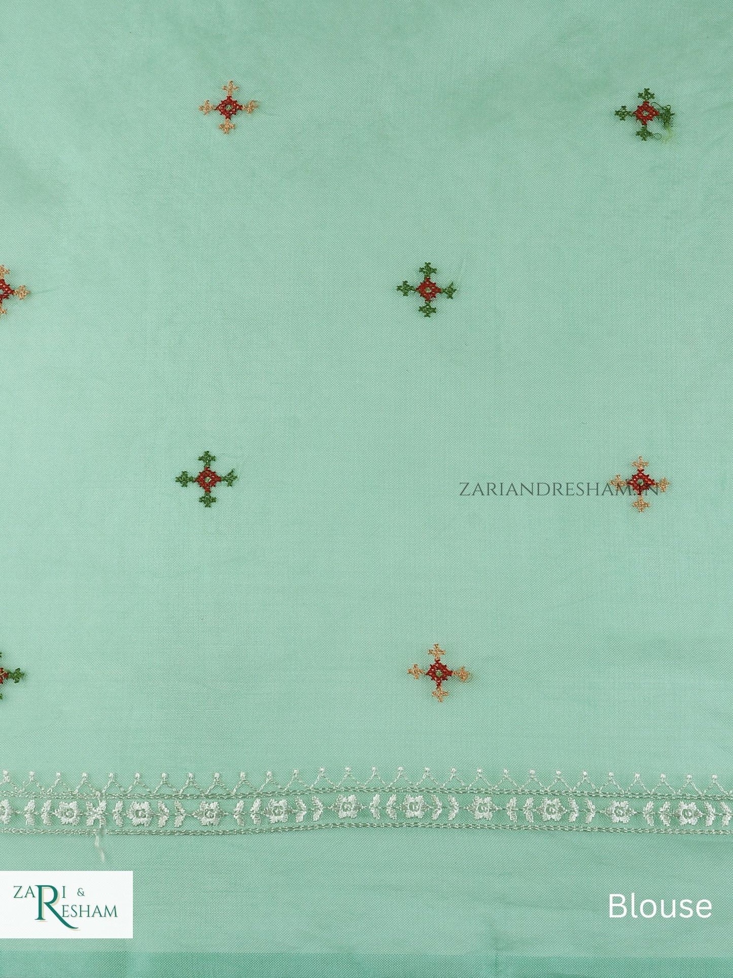 Pure Organza Silk Saree with CrossStitch Border Embroidery Work - Sea Green